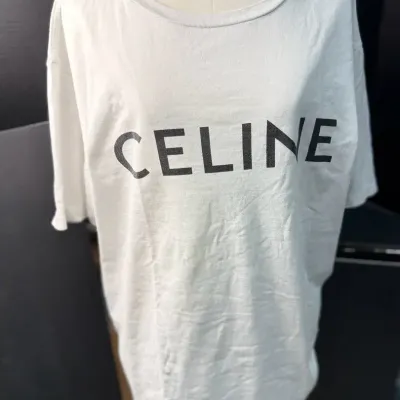 AUTHENTICATED CELINE T-Shirt, Cotton Jersey, Chalk/Black, Made in Italy- Men's XL 2X681671Q.01CC 