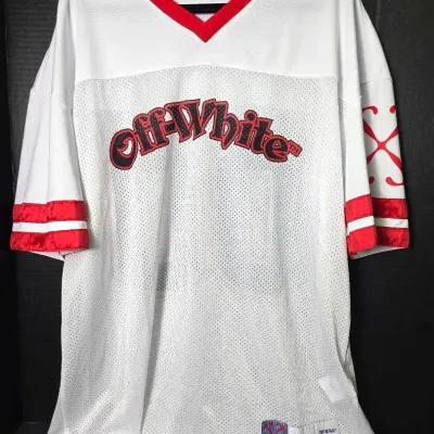 Authenticated Off-White Mesh Football Jersey Shirt: Size L - White & Red 