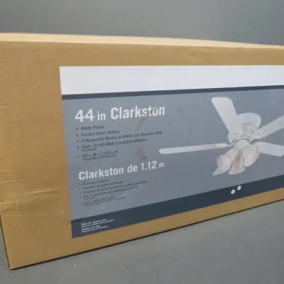 Sale Photo Thumbnail #40: Clarkston 44-inch white ceiling fan with frosted glass shades, new in its original box.