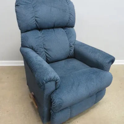 Sale Photo Thumbnail #35: La-Z-Boy manual recliner upholstered in a textured blue fabric, featuring a wooden lever on the side.