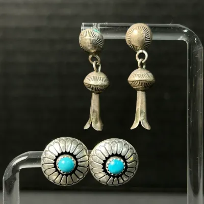 Sterling Silver Southwestern Turquoise Concho And Squash Blossom Earrings