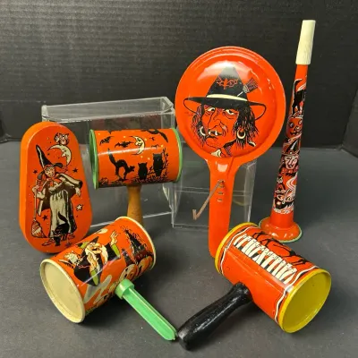 Vintage Tin Litho Halloween Noise Makers Including US Metal Toy Manufacturing Co
