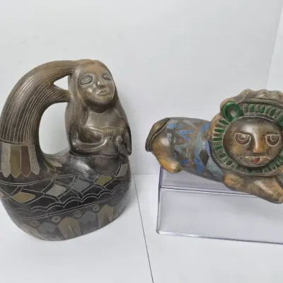 Mexican Folk Art Pottery Mermaid 12" & Lion 7"