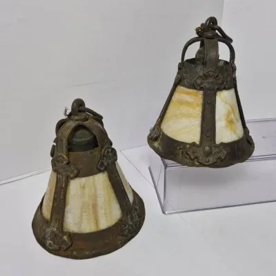 Antique Arts & Crafts Era Slag Glass Pendant Lamps