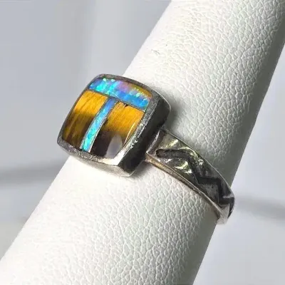 Sterling Silver Southwestern Opal & Tiger's Eye Inlay Ring, Marked JM - Size 7.5