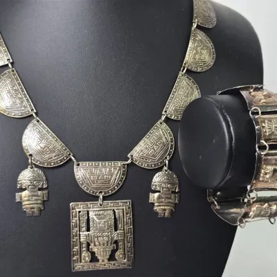 Sterling Silver Peruvian Panel Link Necklace & Storyteller Bracelet