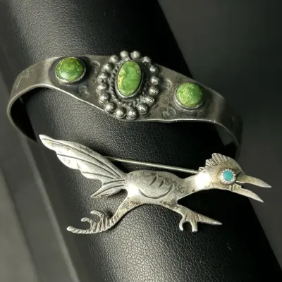 Vintage Southwestern 800 Silver Green Stone Cuff Bracelet & Sterling Turquoise Accent Brooch