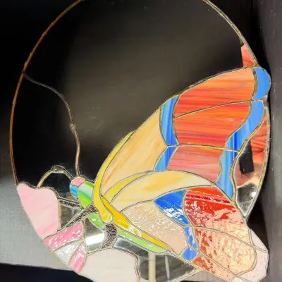 Stained Glass Butterfly Wall Mirror - 19" Diameter
