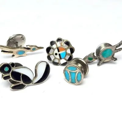 Sterling Silver Southwestern Stone Inlay Lapel Pins (5): Zuni Sunface, Roadrunner, More