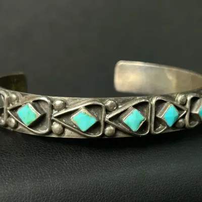 Vintage Sterling Silver Navajo Fred Charley Turquoise Cuff Bracelet, Signed F.C.