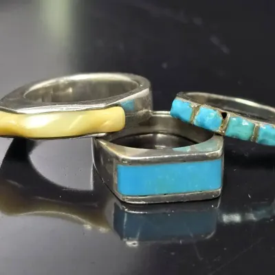 Sterling Silver Artisan Southwestern Turquoise & Modernist Yellow Inlay Rings (3)