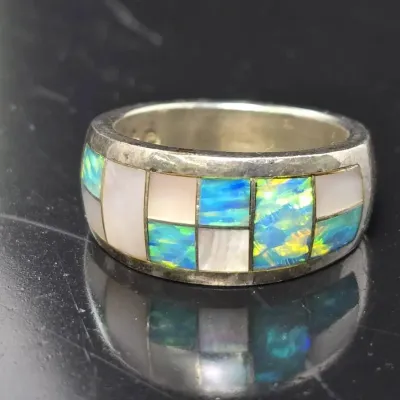 Sterling Silver Opal & Mother Of Pearl Inlay Ring - Size 7.25