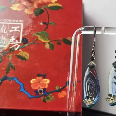 Liuligongfang Sterling Silver Art Glass Earrings with Original Packaging 