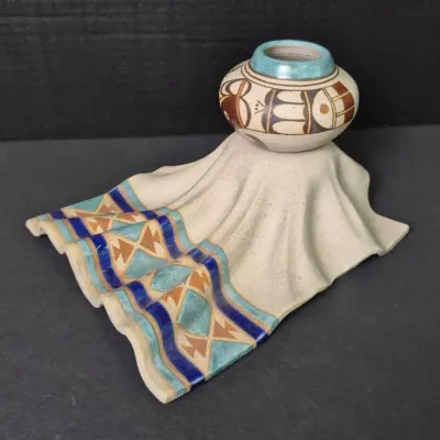 Terry Slonaker Signed Southwestern Pottery - Draped Blanket with Pot, 1991