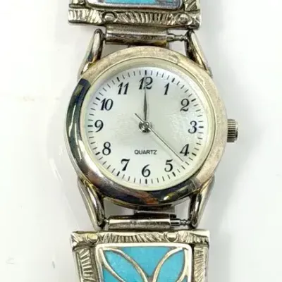 Sterling Silver Zuni O.S. Naktewa Signed Turquoise Channel Inlay Watch Band