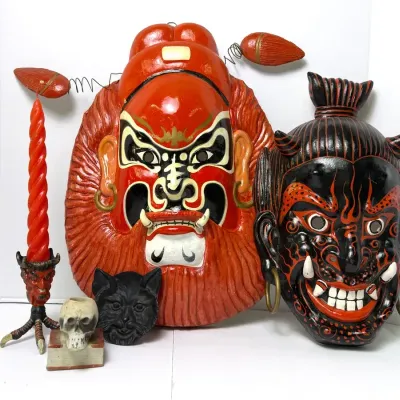 Halloween Inspired Decor: Cast Iron Devil Candleholder & Black Cat Dish, Asian Demon Masks & More