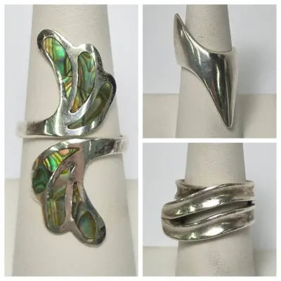 Sterling Silver Modernist Sculptural Rings, One With Abalone Inset (3)