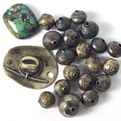 Sterling Silver Navajo 10-15mm Etched Beads & Handmade Cowboy Hat Pendant, Plus Stone Cabochon 