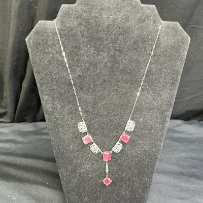 Art Deco Silver Pink Glass Filigree Chain Necklace
