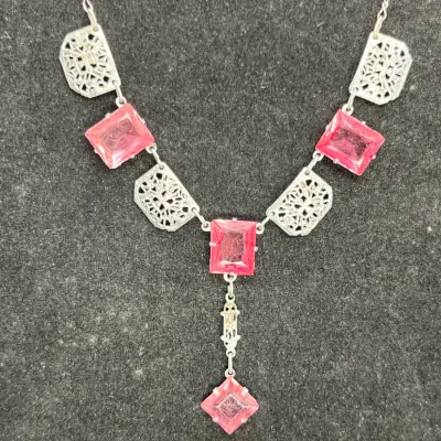 Art Deco Silver Pink Glass Filigree Chain Necklace
