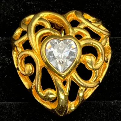 Barrera Big Heart Brooch Pin Clear Crystal Gold
