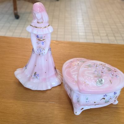 Sale Photo Thumbnail #61: Fenton Pink Burmese Glass Figurine and Heart Box Set
