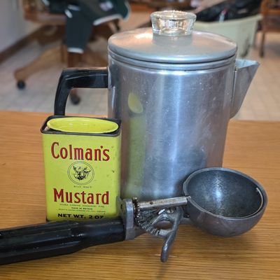 Sale Photo Thumbnail #152: Vintage Kitchen Trio: Aluminum Percolator, Colman's Mustard Tin, and Ice Cream Scoop