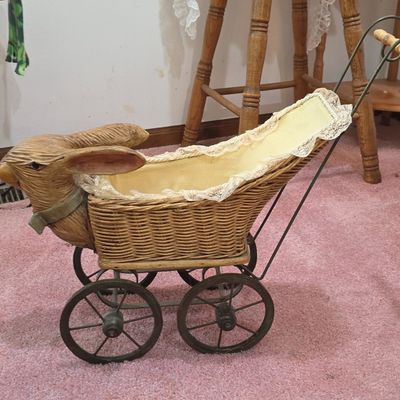 Sale Photo Thumbnail #43: Antique Carved Rabbit-Head Wicker Doll Carriage