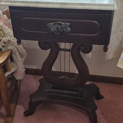 Sale Photo Thumbnail #25: Vintage Kimball Mahogany Lyre-Base Marble Top Side Table