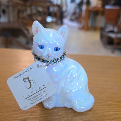 Sale Photo Thumbnail #109: Fenton Iridescent White Glass Cat Figurine