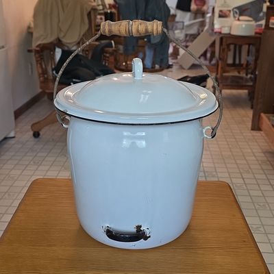 Sale Photo Thumbnail #101: Vintage White Enamel Chamber Pot with Lid and Wooden Handle