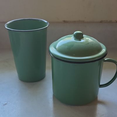 Sale Photo Thumbnail #157: Vintage Mint Green Enamelware Mug and Tumbler Set