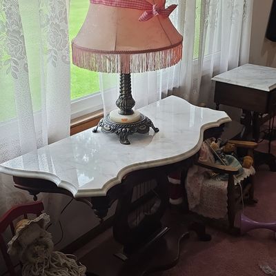 Sale Photo Thumbnail #15: Victorian-Style Lyre Base Marble Top Console Table