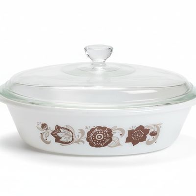 Sale Photo Thumbnail #133: Vintage Glasbake Brown Floral Oval Casserole Dish