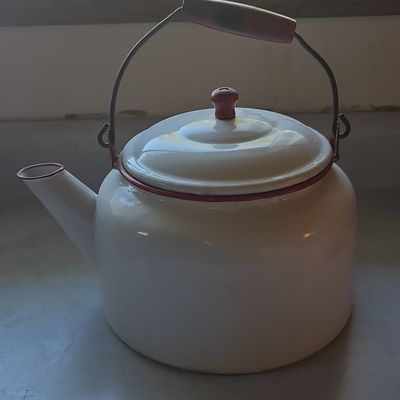 Sale Photo Thumbnail #91: Vintage Enamelware Tea Kettle with Pink Accents