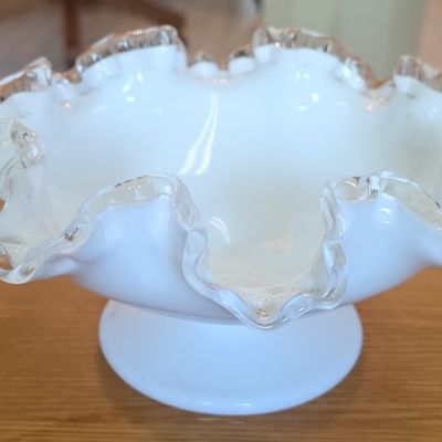 Sale Photo Thumbnail #141: Vintage Fenton Silver Crest Milk Glass Pedestal Compote