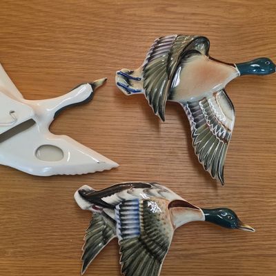Sale Photo Thumbnail #98: Vintage Mid-Century Ceramic Flying Mallard Duck Wall Pockets