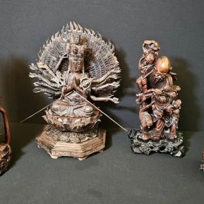 Vintage Hand-Carved Chinese Hardwood Deities & Figures