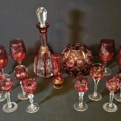 Vintage Beyer and Ruby Cut-to-Clear Lead Crystal Bar and Decor Set