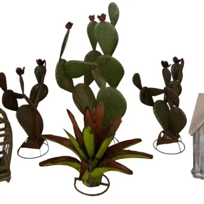 Charming 6-Piece Rustic Metal Agave & Wooden Birdhouse Outdoor Collection