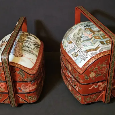 Antique Chinese Red Lacquer Tiered Stacking Boxes - Tiffin or Dowry Baskets