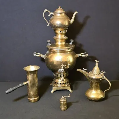 Antique Brass Samovar & Middle Eastern Hospitality Set – 21.5" Tall with Dallah, Grinder, and More