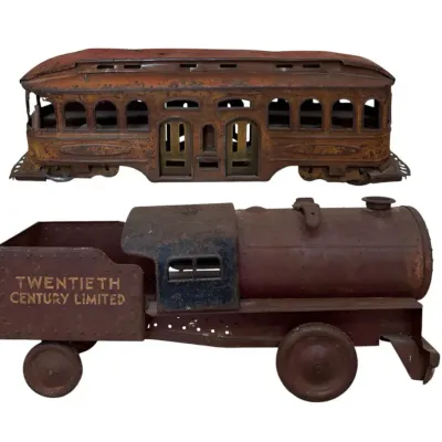 Vintage 1920s & 1930s Pressed Steel Train Toys: Dayton-Schieble Trolley & Steelcraft Locomotive