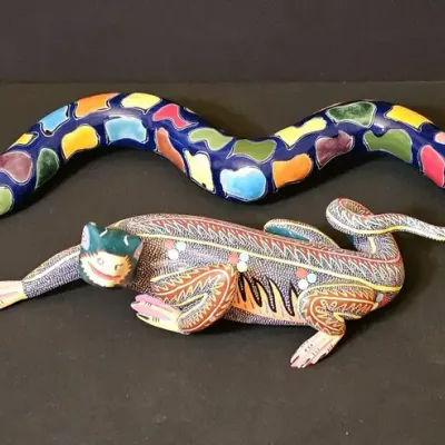 Vibrant Mexican Folk Art Reptile Pair: 33" Glazed Ceramic Snake & Signed Mitla Painted Lizard
