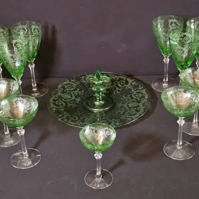 Vintage Fostoria Etched Uranium Glassware Set with Fleur-de-Lis Center-Handled Server