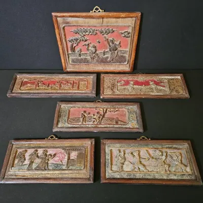Vintage Chinese Gilded & Lacquered Wood Relief Panels