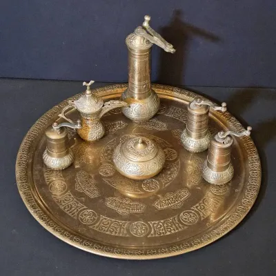 Magnificent Vintage 6-Piece Coordinated Turkish/Middle Eastern Brass Coffee & Tea Service Set