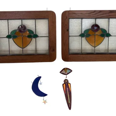 Antique Leaded Stained Glass Windows in Solid Wood Frames w/ Bonus Suncatchers