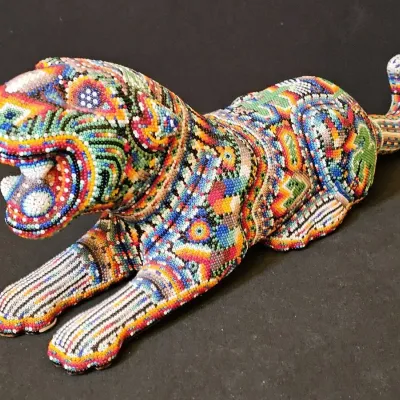 Handcrafted 18" Full-Body Beaded Jaguar Sculpture... Huichol Artistry!