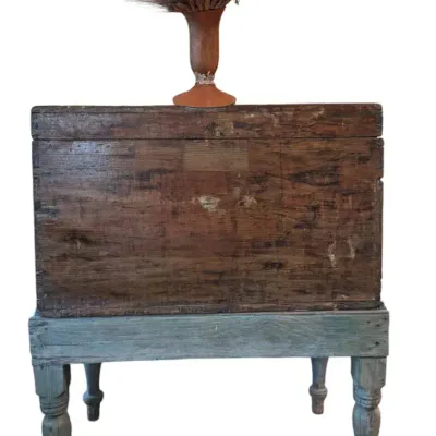 Antique Primitive Dovetailed Blanket Chest & Turned-Leg Stand w/ Folk Art Lithograph